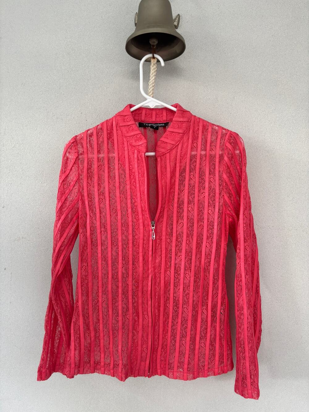 Vintage 90's Y2K T&W Designs Coral Pink Sheer Lace Full Zip Lightweight Jacket